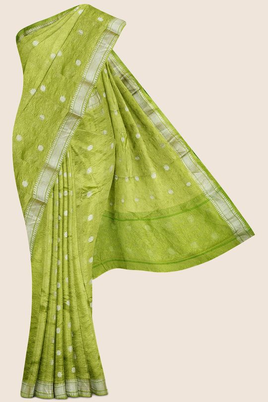 Tissue Crushed Flower Butti Parrot Green Saree