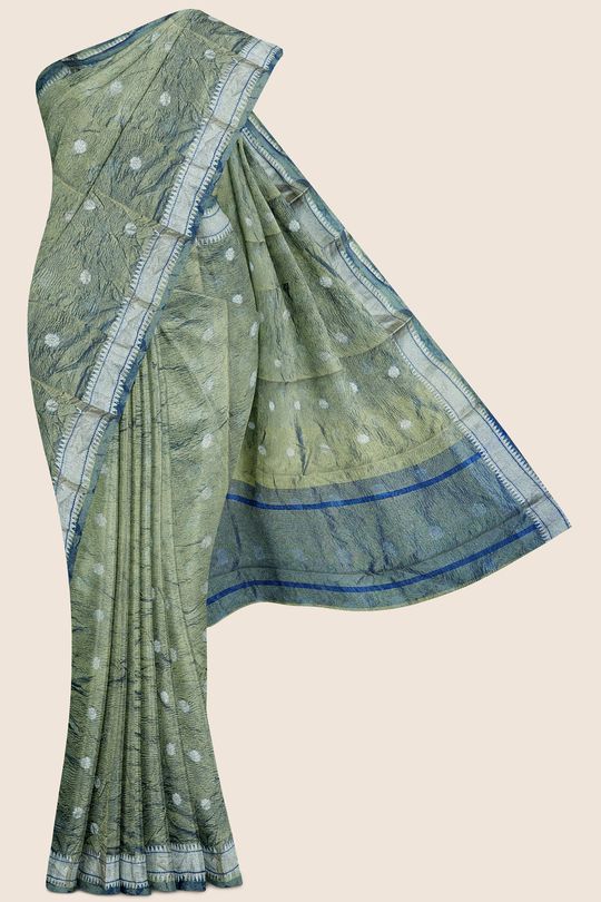 Tissue Crushed Flower Butti Raama Green With Blue Mix Saree