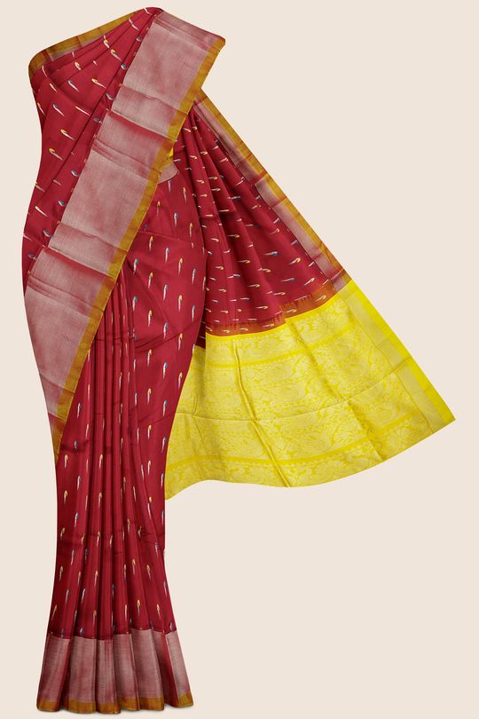Kollam Pattu Muniya Design Maroon And Yellow Saree