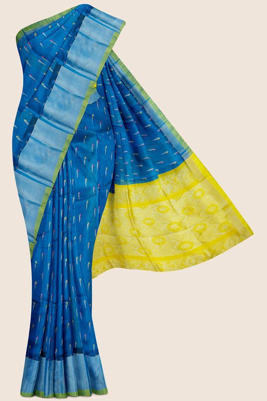 Kollam Pattu Muniya Design Dark Copper Sulphate Blue And Yellow Saree
