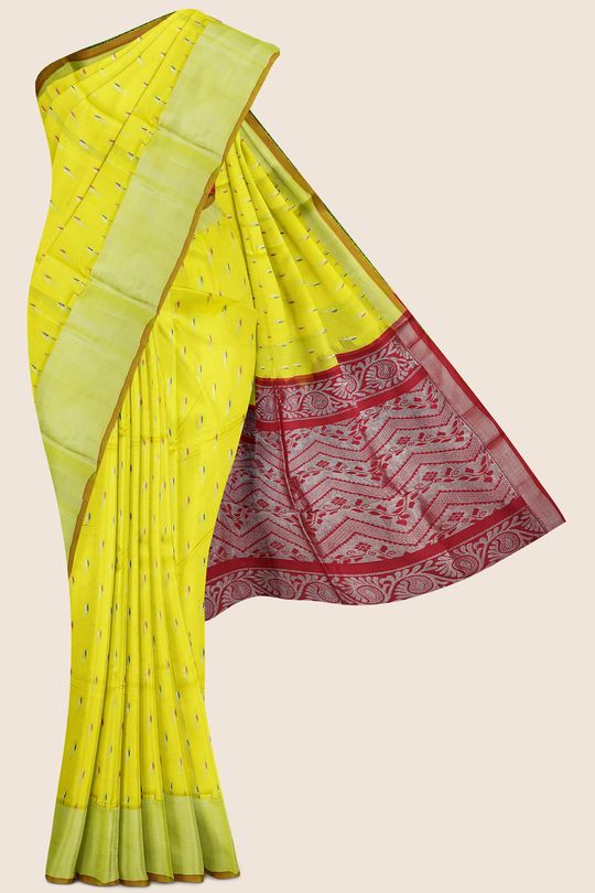 Kollam Pattu Muniya Design Lemon Yellow And Maroon Saree
