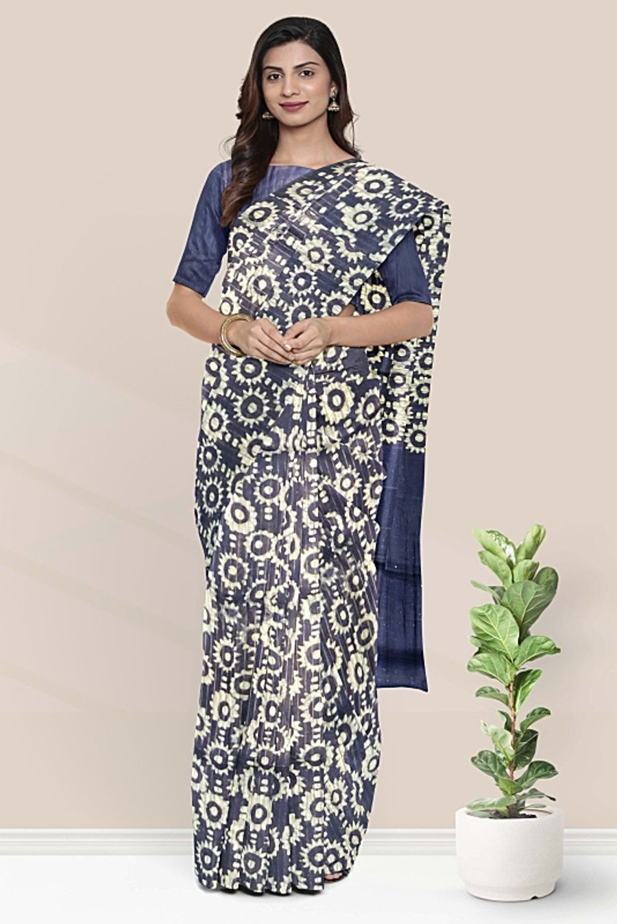 Mangalagiri Flower Batik Print Bright Navy Blue Saree
