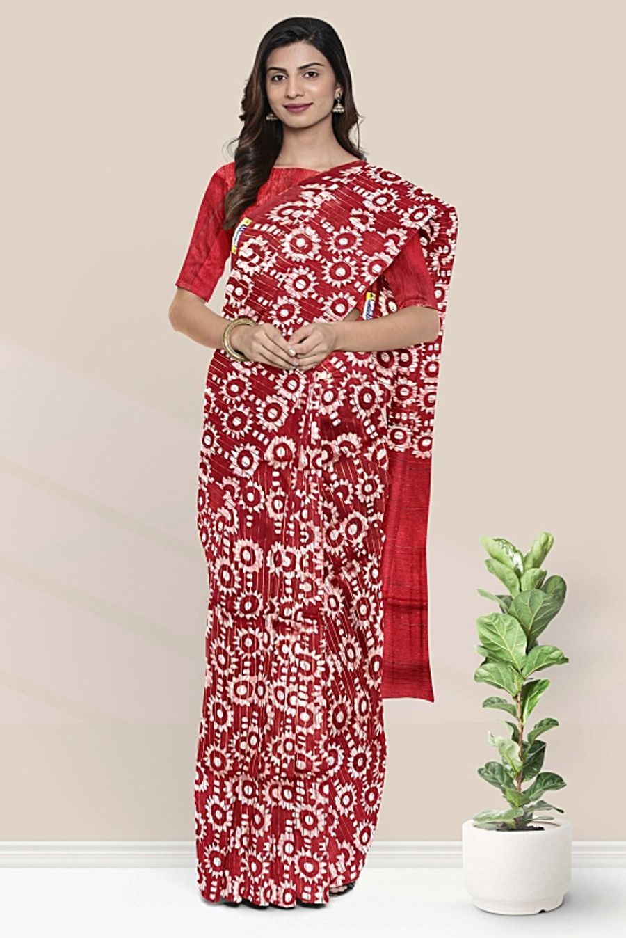 Mangalagiri Flower Batik Print Bright Maroon Red Saree