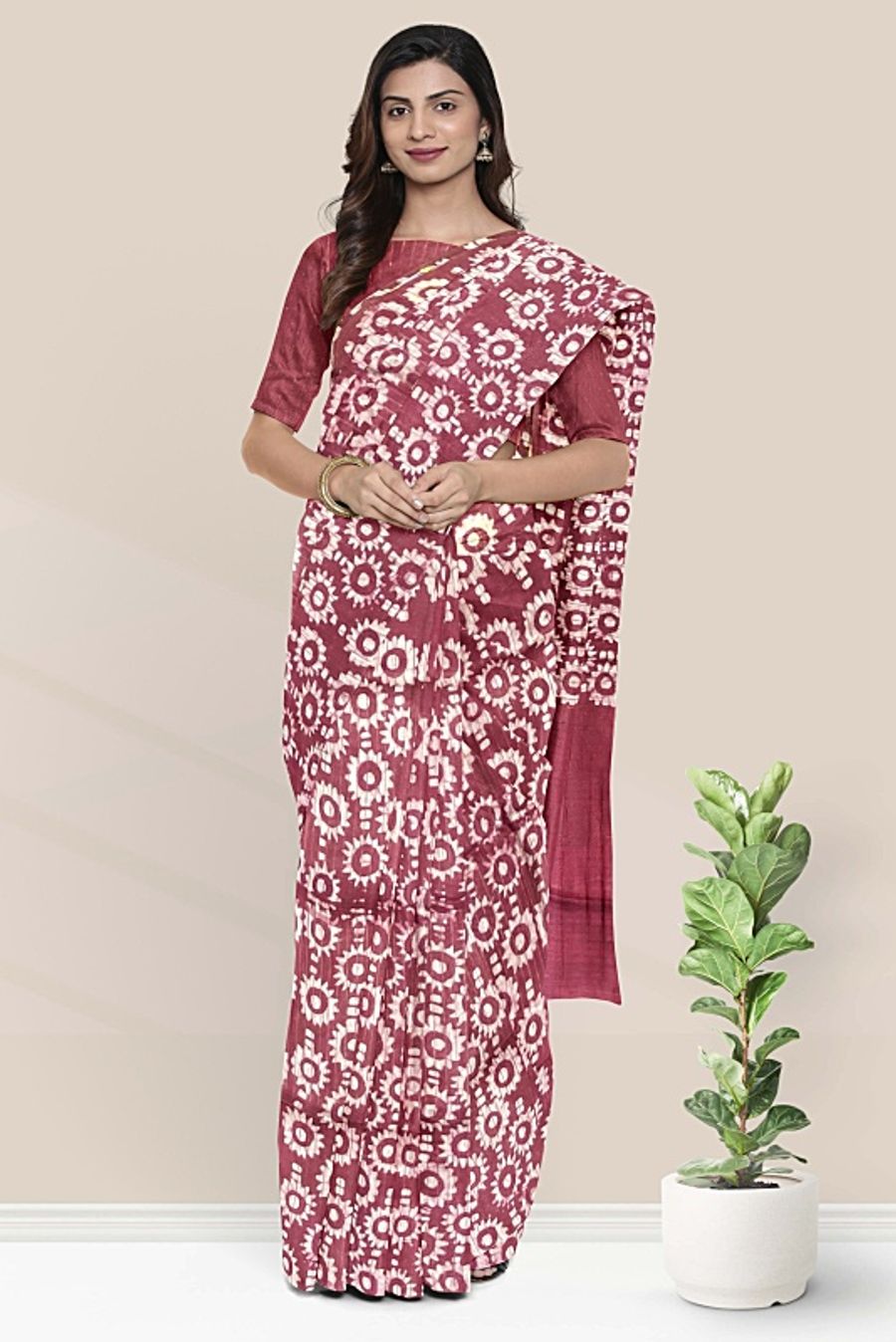 Mangalagiri Flower Batik Print Bright Magenta Pink Saree