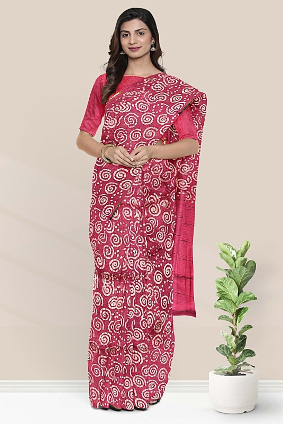 Mangalagiri Flower Batik Print Bright Light Pink Saree