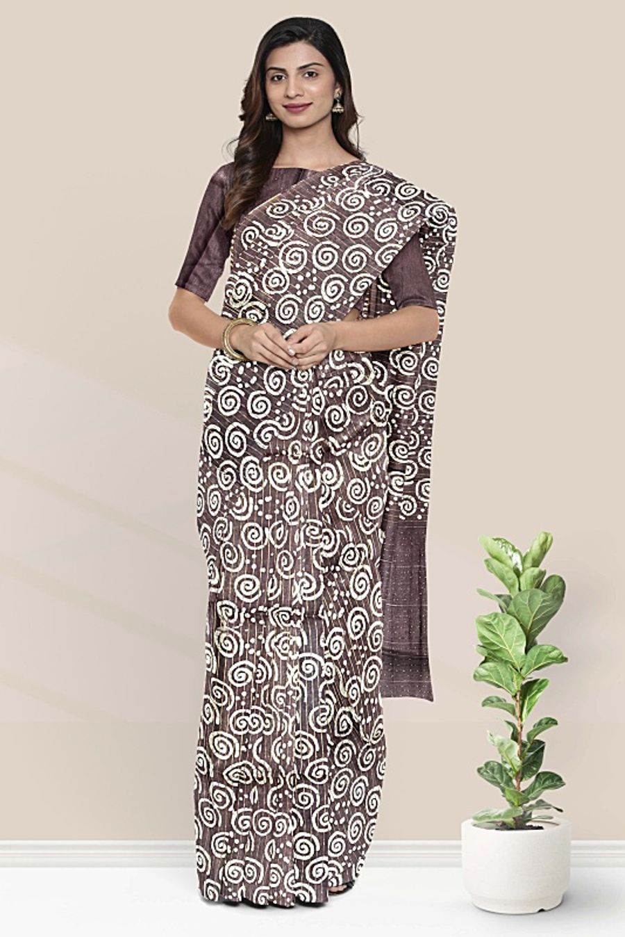 Mangalagiri Flower Batik Print Bright Dark Chocolate Brown  Saree