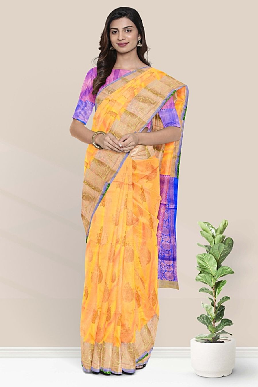 Mango Yellow with Maroon Pallu Thalampoo Korvai Border Handloom Kanchi –  Looms Legacy