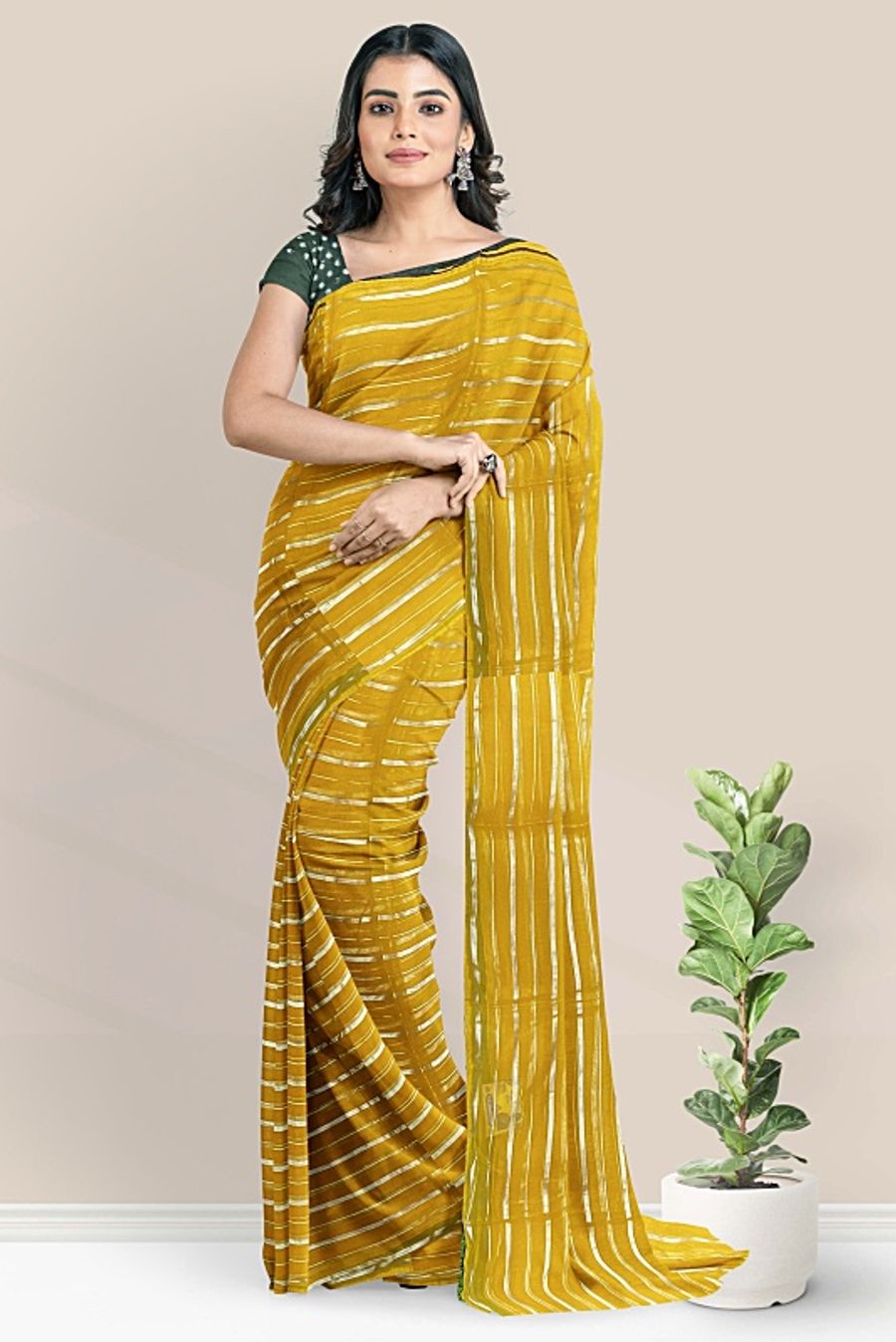 Mustard and Green Saree with Cut Dana, Pipe Work, and Moti Detailing – ODHNI