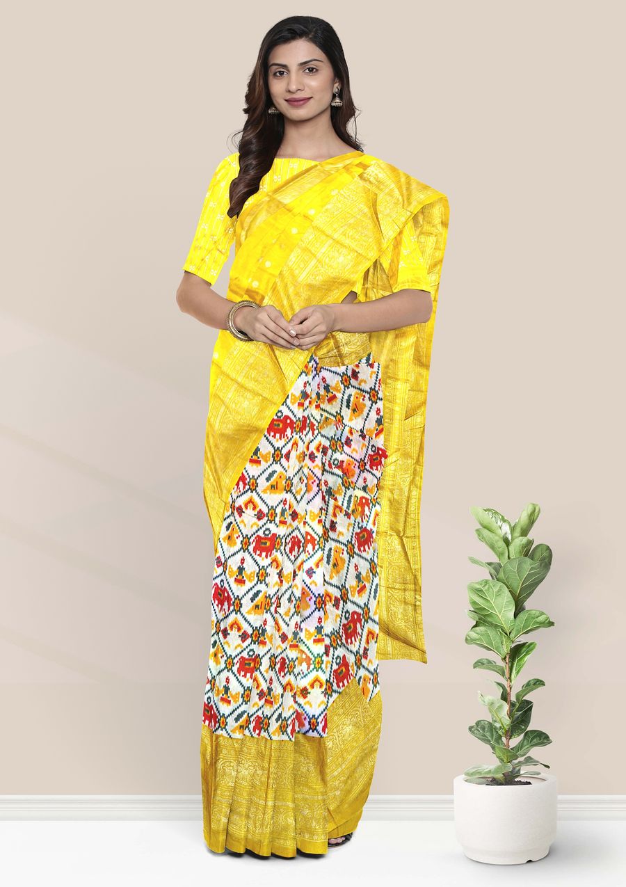 Half white saree with golden yellow border - Sri Kumaran Stores