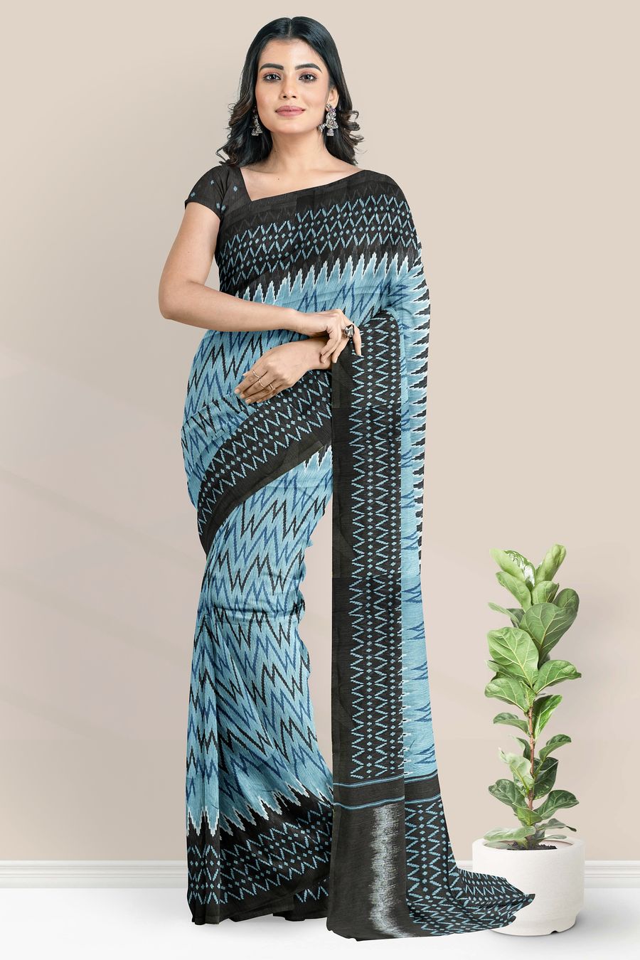 Light Blue Checked Kanjeevaram Silk Saree with Black Zari Border - Tulsi  Weaves