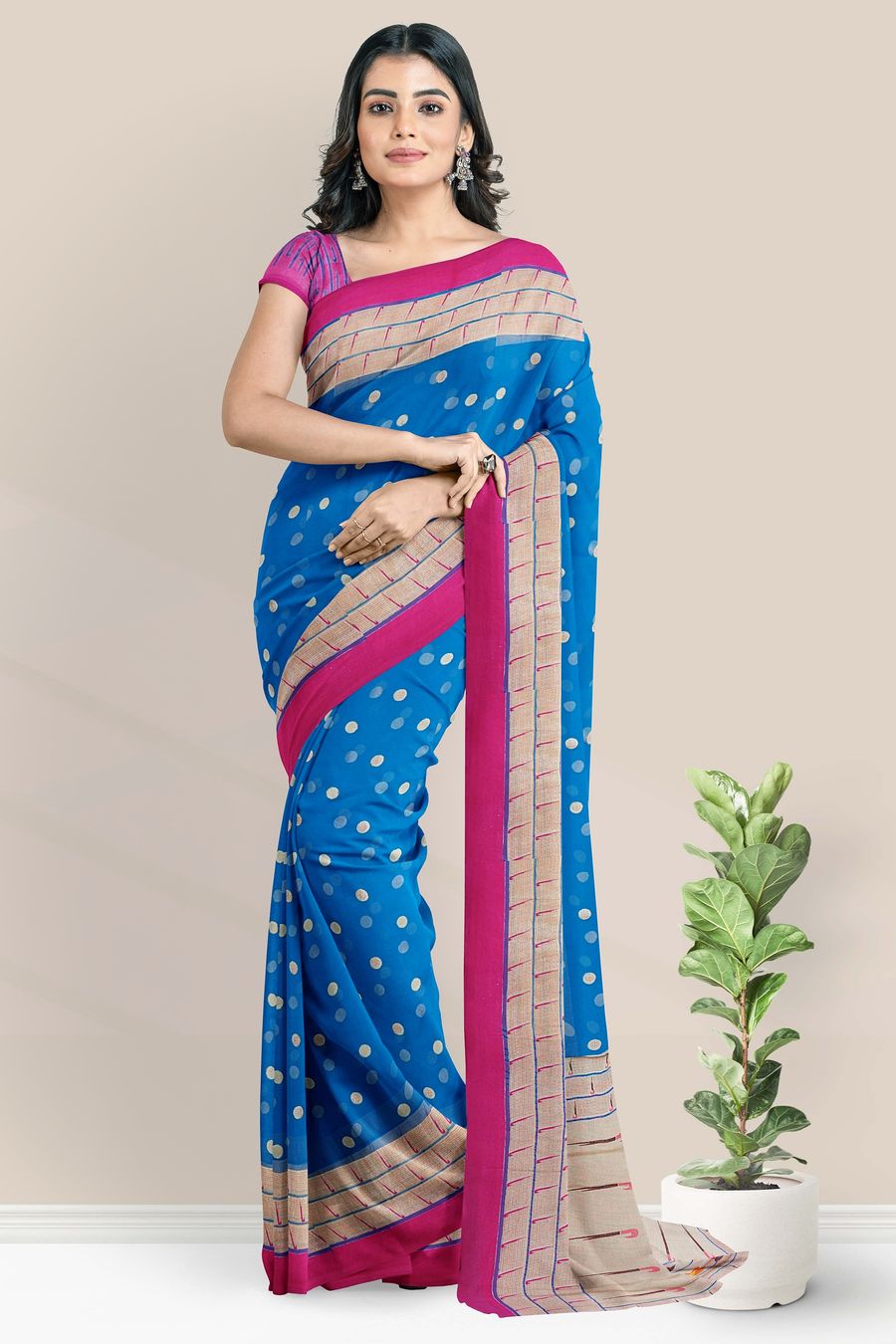 Buy Blue Handloom Begumpuri Cotton Sarees With Contrast Border & Unstitched  Blouse Piece