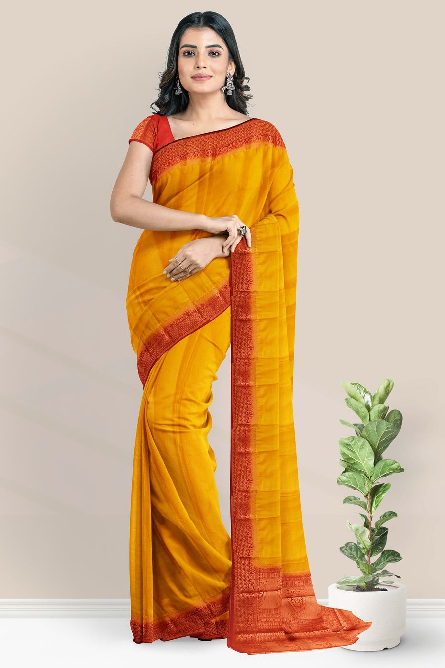 Yellow with Red Saree in Kalamkari Print - Clothsvilla