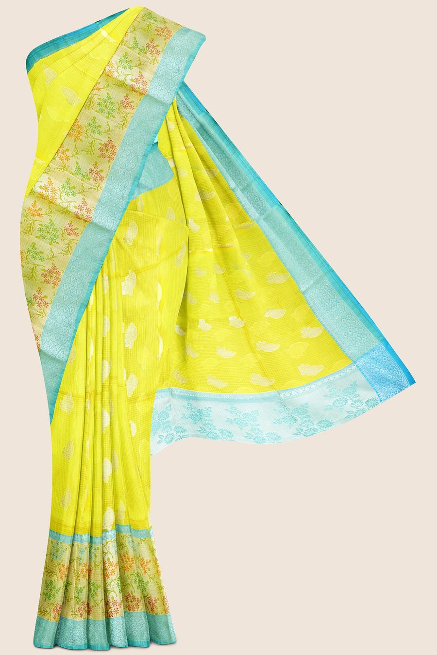 Tvis and Bliss. Yellow, Pink and Sky Blue Pure Cotton saree with Ganga  Jamuna Checks Border