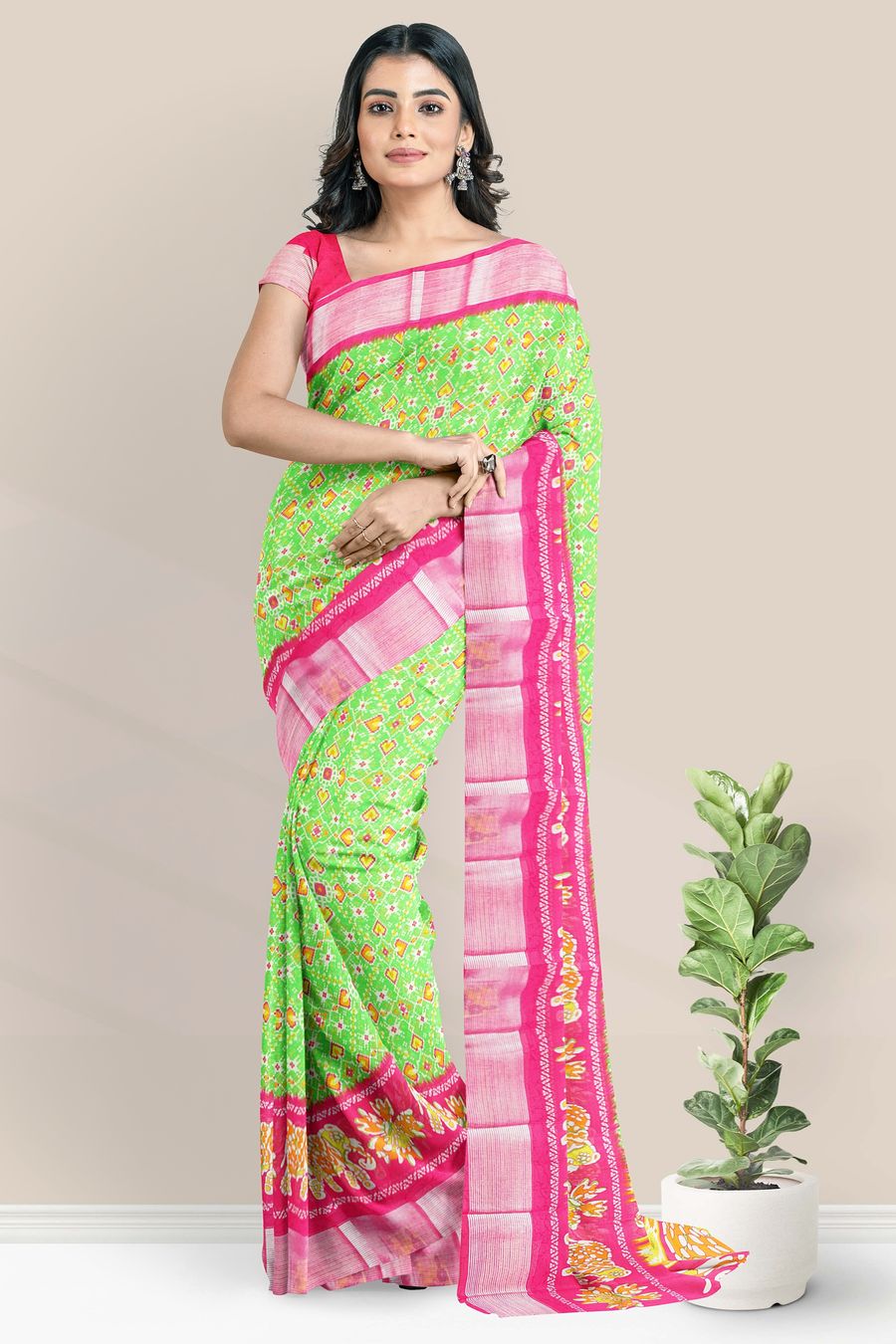 Banarasee Pure Chiffon Saree With Gold Zari Buti & Floral Border-Lime