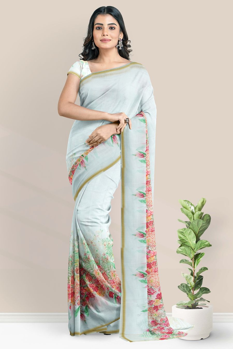 White Floral Print Georgette Saree – Designer Pithi