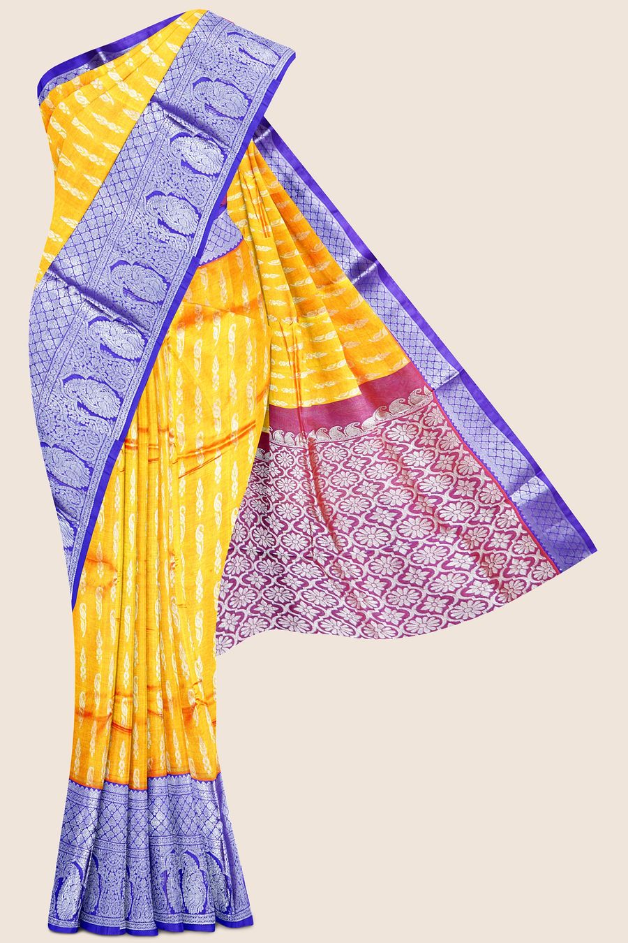 Mangalagiri Pattu Butti Musturd Yellow And Blue And Pink Mix Saree