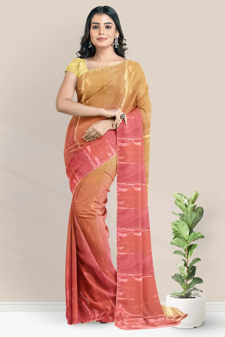 Orange Maheshwari Silk Handloom Cotton Saree with Pink Border | Shop Online