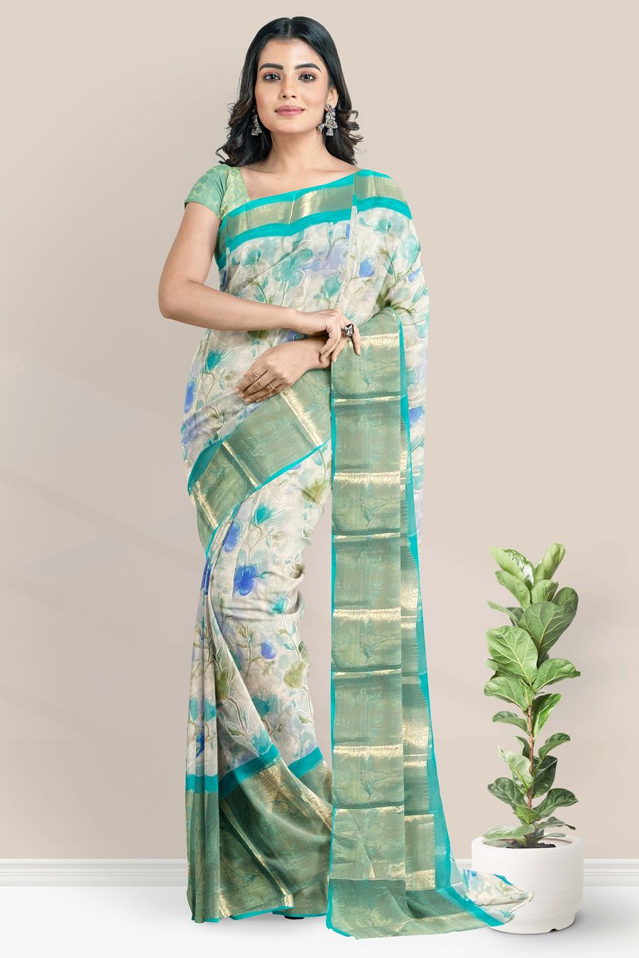 A Ombre Sea Blue Organza Saree With Blouse