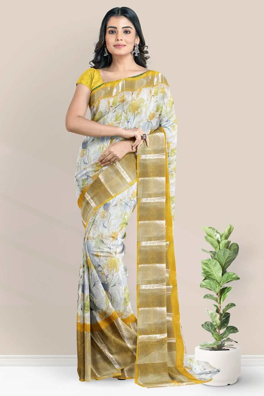 Rupali Hasija Yellow Off-White Shibori Saree