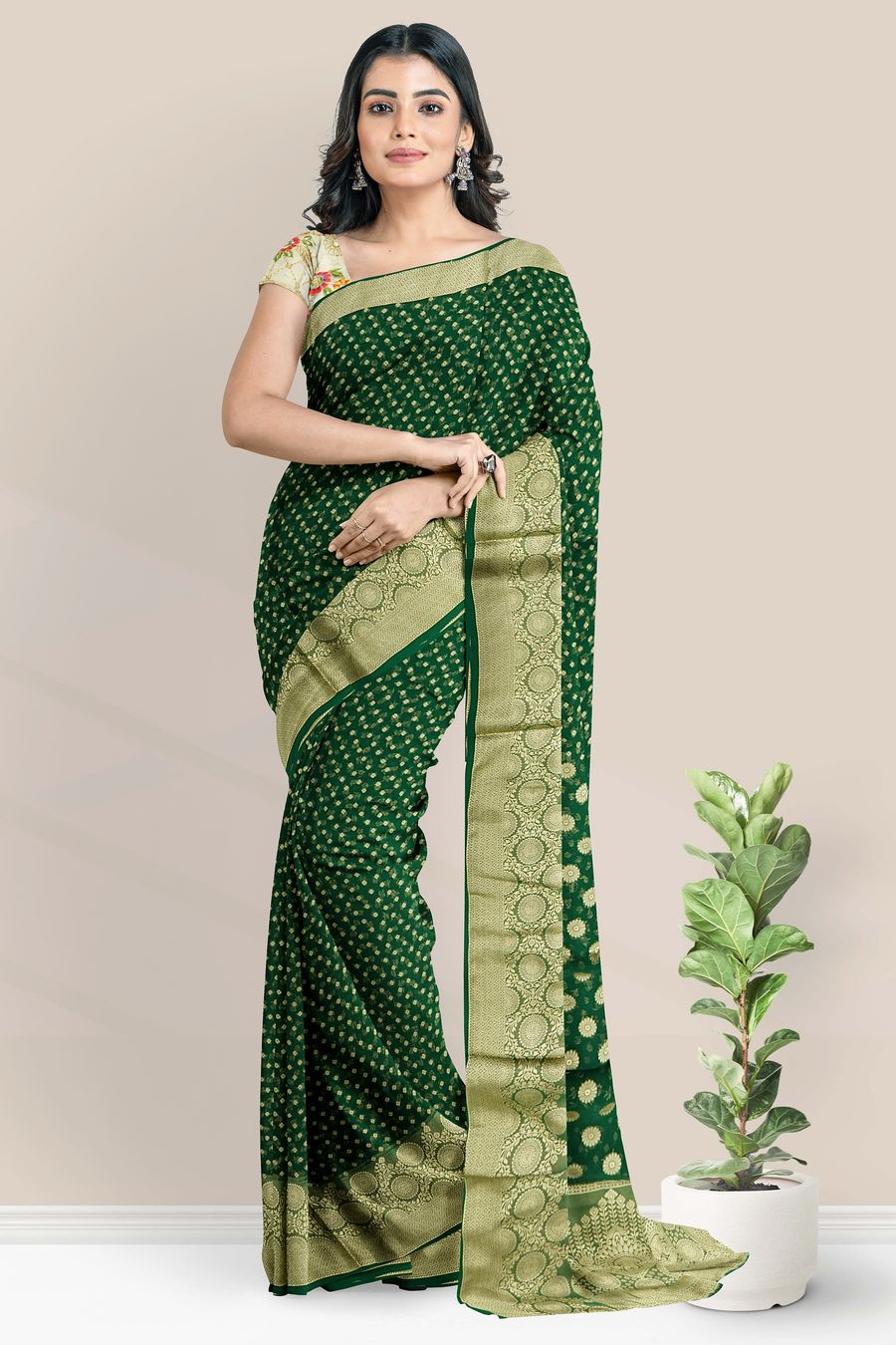 Bottle Green Heavy Vichitra Silk Embroidered Wedding Festival Heavy Border  Saree