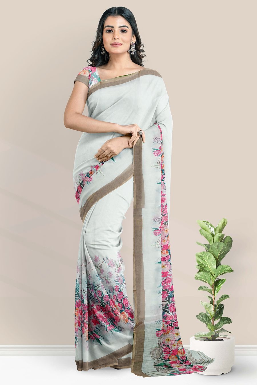 White Chiffon Digital Floral Print Saree