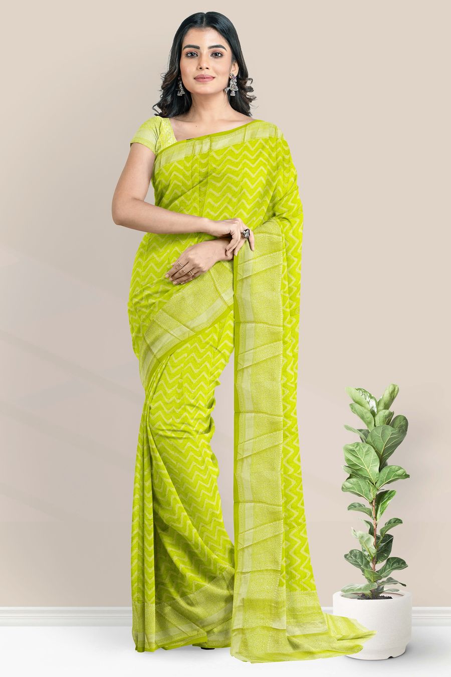 Banarasee Hand-Embroidered Mirror Work Organza Saree With Blouse-Lime