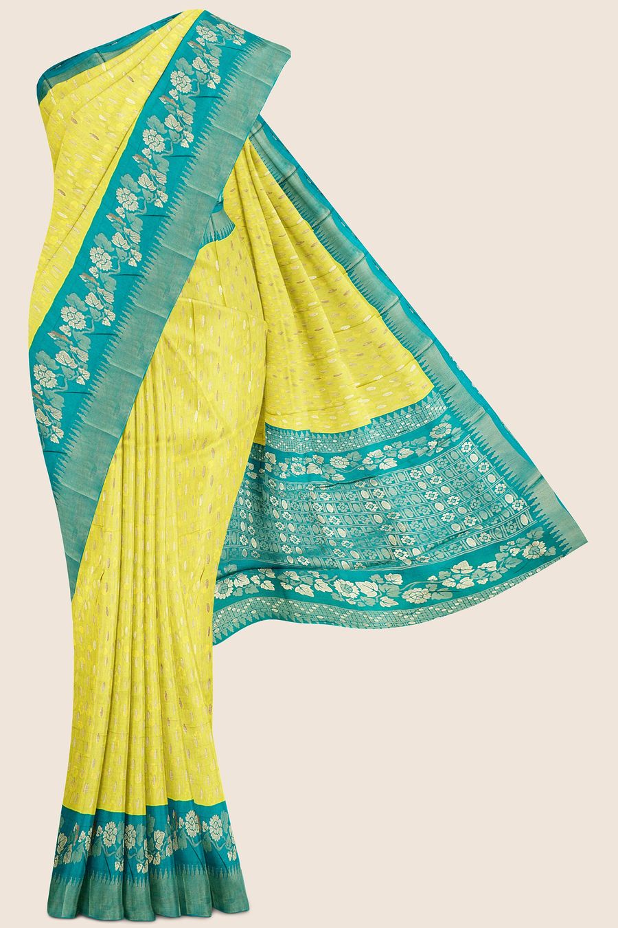 Yellow and Blue Kanchipuram Silk Saree