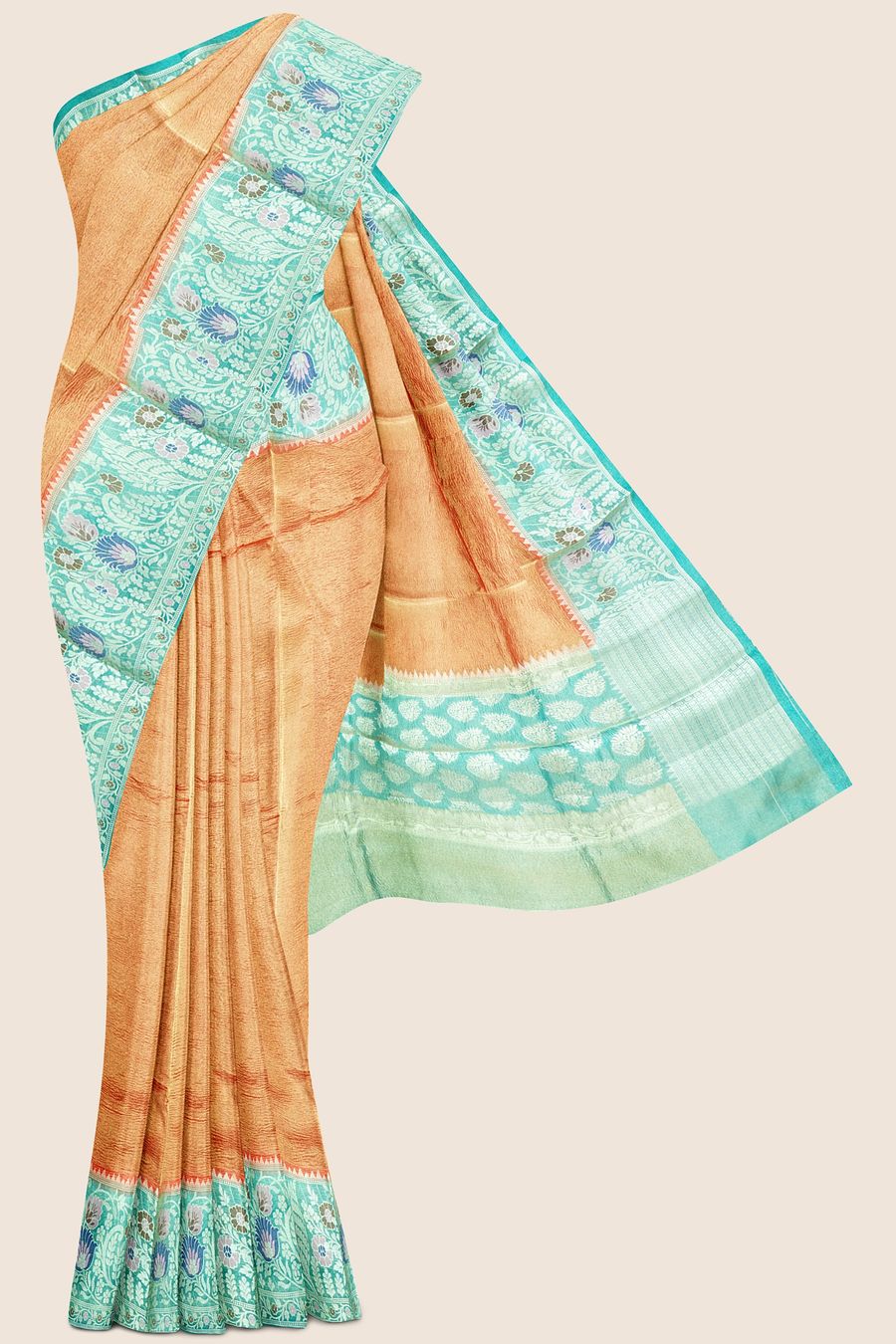 Tissue Silk Creaping Border Red And Rama Green Saree