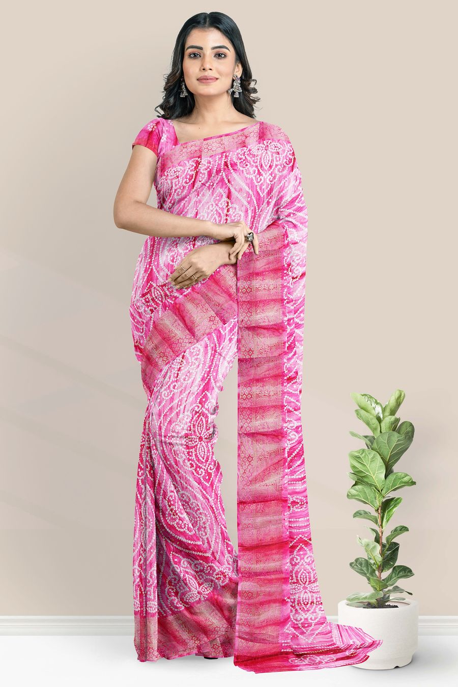 Bright Pink Two Tone Meenakari Weaving Organza Silk Saree -