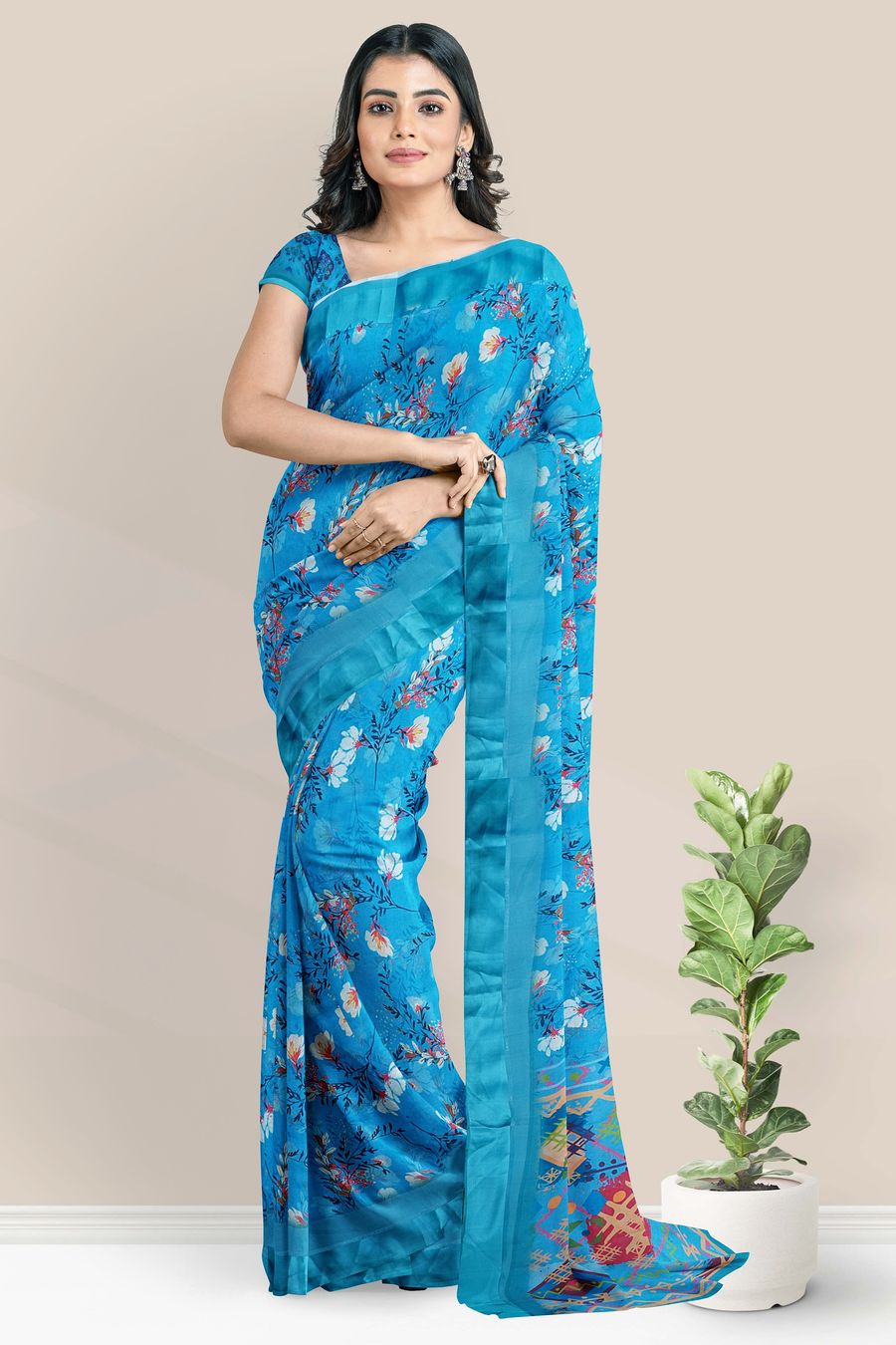 Ethnic Junctions Blue Colour Kanchipuram Soft Lichi Silk Saree Bold An