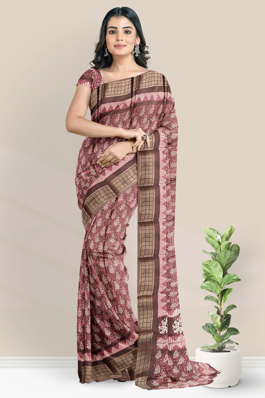 Chocolate Brown Cotton SIlk Saree with Box Design pallu - Loomfolks