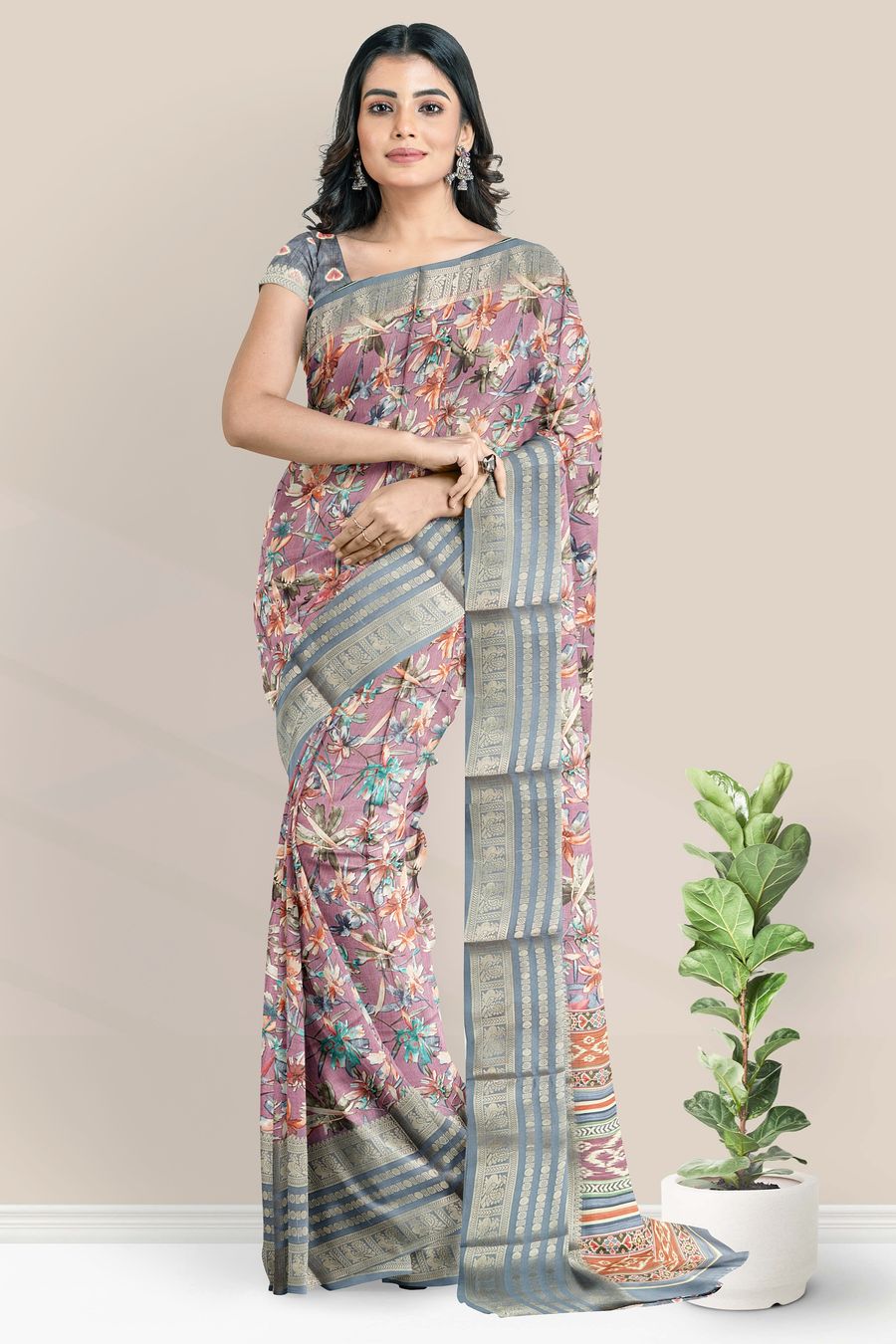 Fancy Silk Floral Digital Print Dark Lavender And Ash Saree
