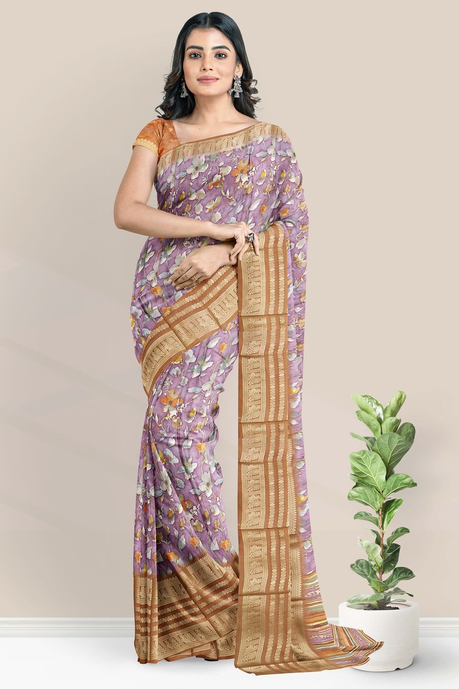 Fancy Silk Floral Digital Print Lavender And Yellow With Brown Mix Saree