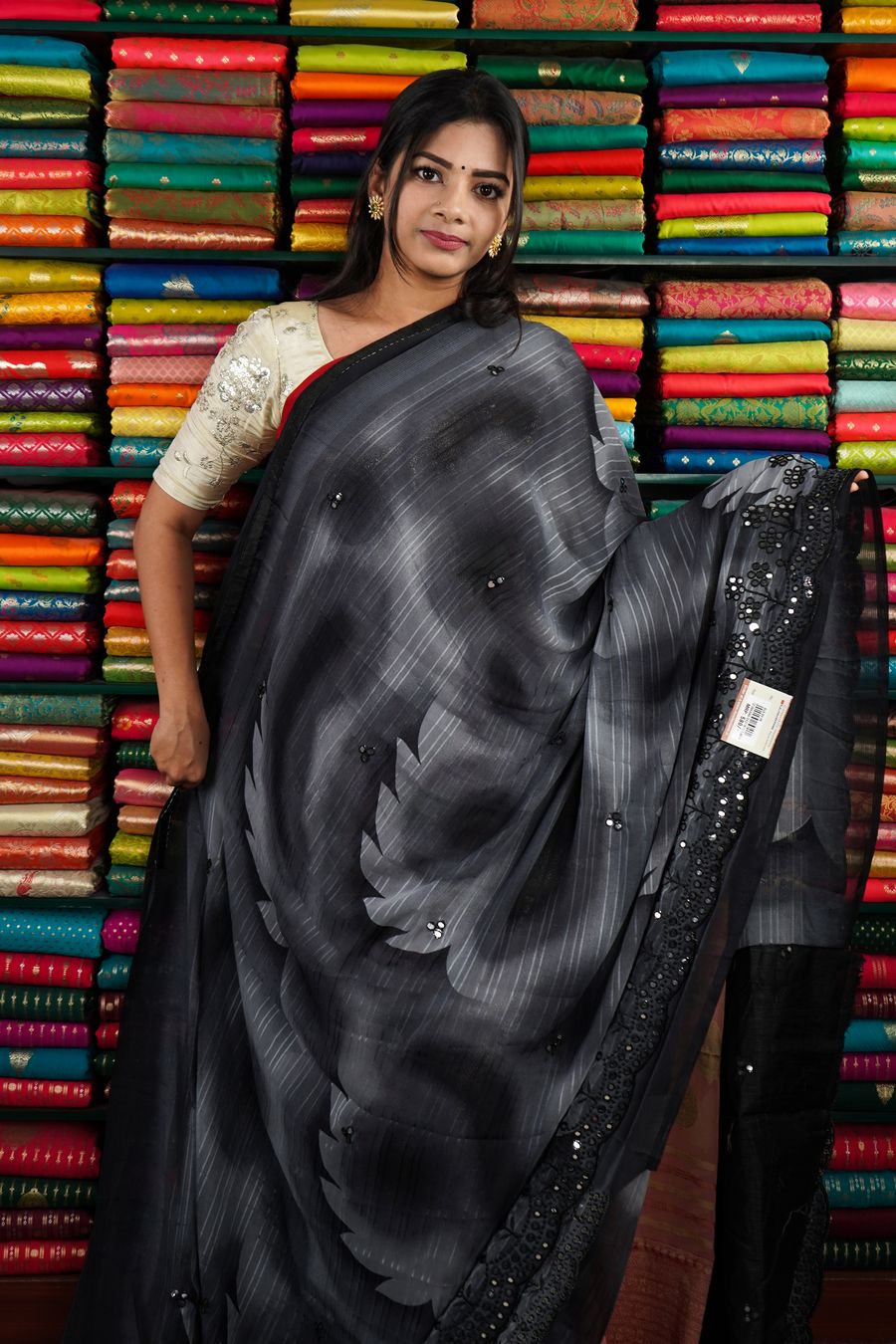 Chiffon Mirror Work Gray And Black Saree