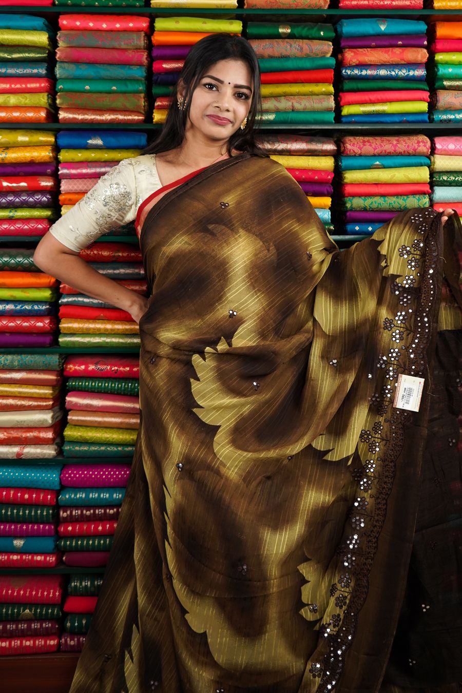 Chiffon Mirror Work Brown Saree