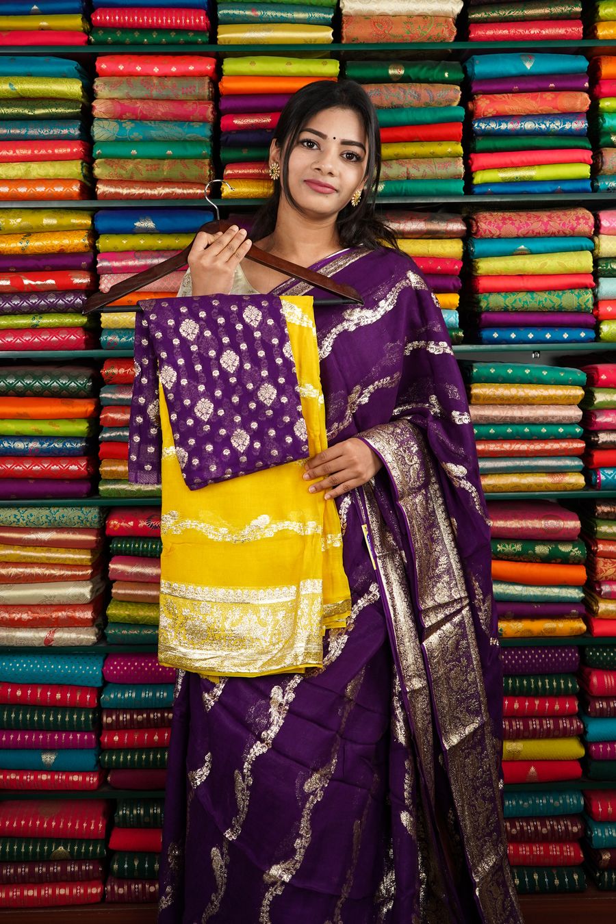 Purple saree with yellow blouse | Purple saree, Saree designs, Blouse  designs