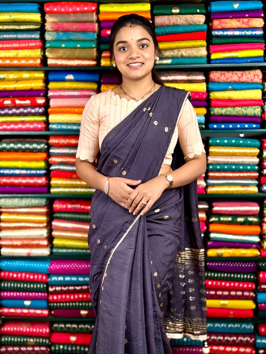 Fancy Silk Gota Patti Border Purplish Grey And Light Muskmelon Saree