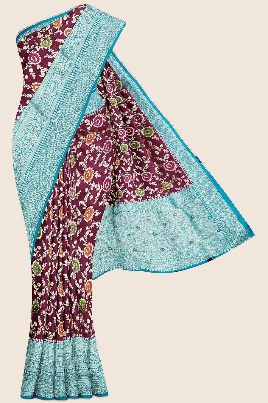 Georgette Meena Work Dark Wine And Raama Green Saree