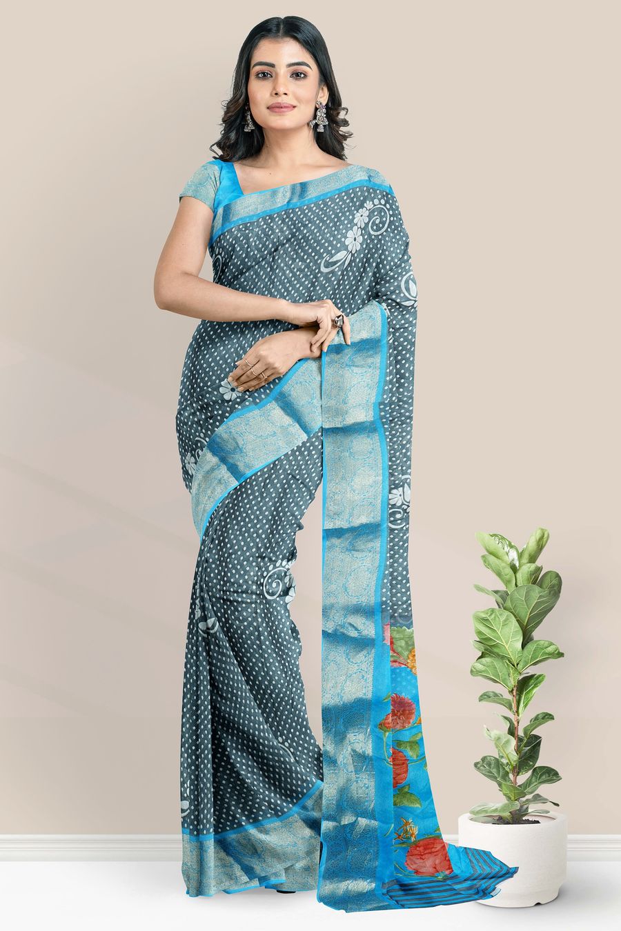 Chiffon Bhandhini Print Ash And Blue Saree