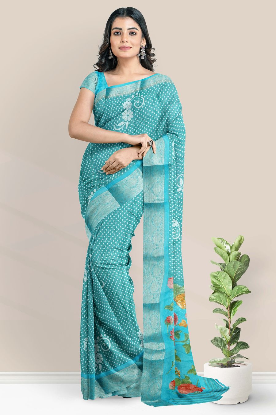 Chiffon Bhandhini Print Light Sea Green And Dark Sea Green Saree