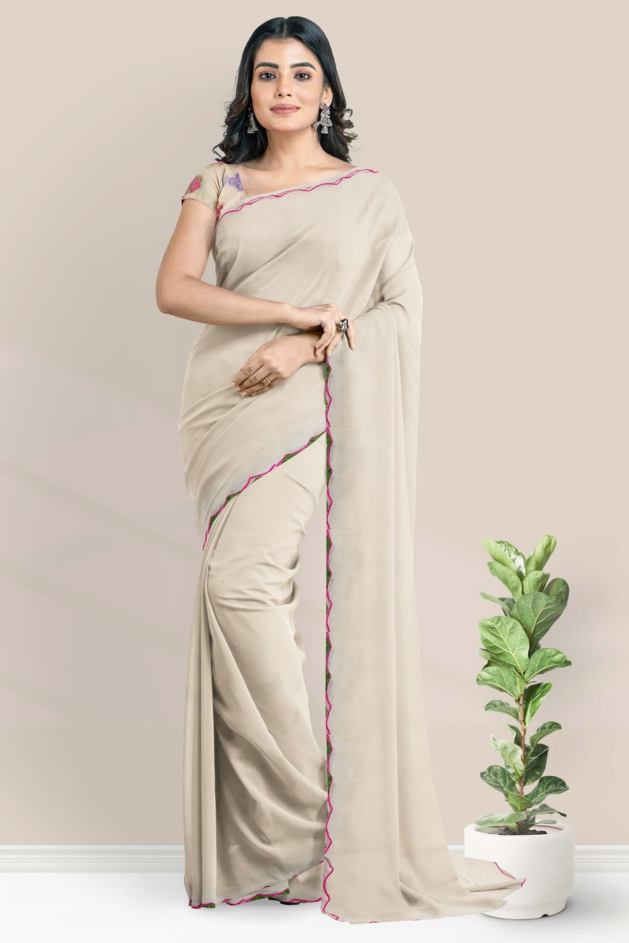 Georgette Plain Light Orange Saree