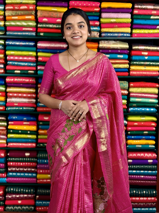Mangalagiri Checks Pichwai Embroidery Pink Saree