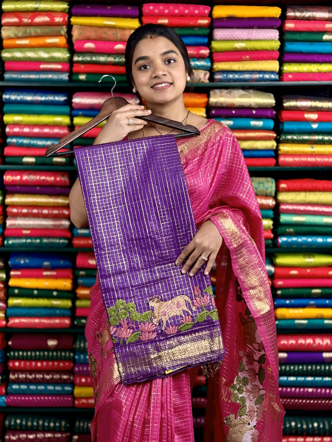 Mangalagiri Checks Pichwai Embroidery Purple Saree