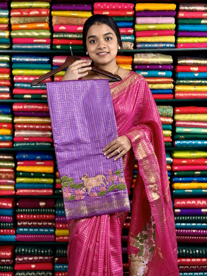 Mangalagiri Checks Pichwai Embroidery Lavender Saree