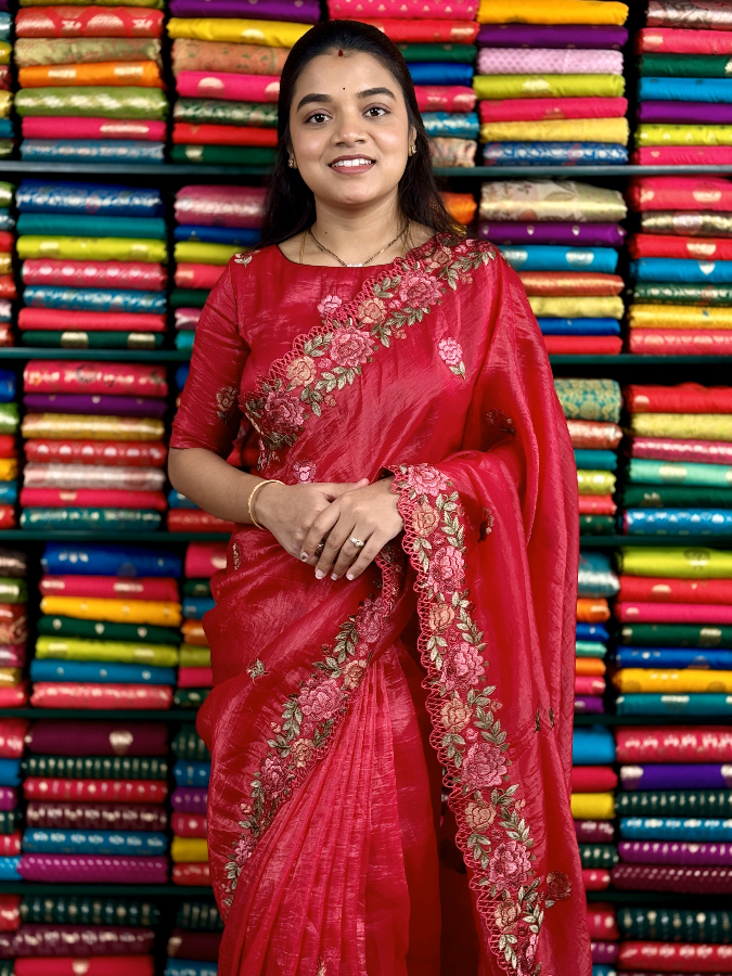 Soft Crushed Tussar Embroidery Cut Work Dark Tomato Pink Saree