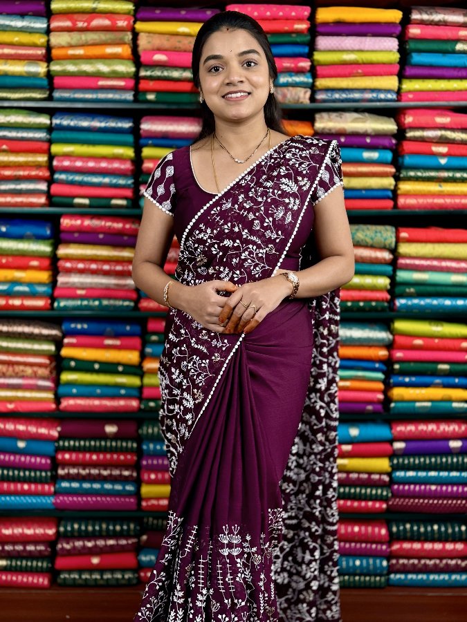 Chiffon Thread Work Dark Wine Saree