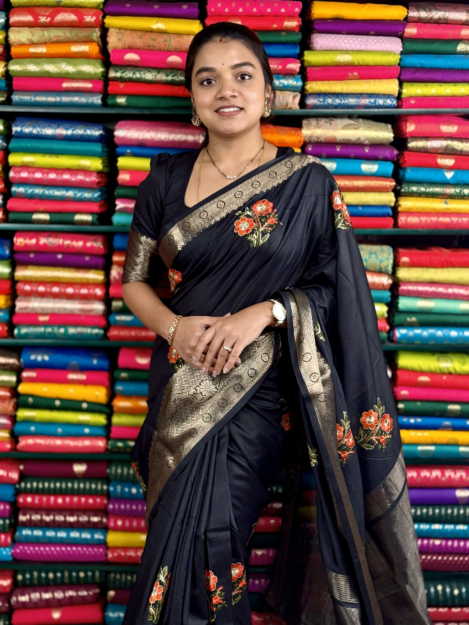 Fancy Silk Embroidery Kanchi Border Black Saree