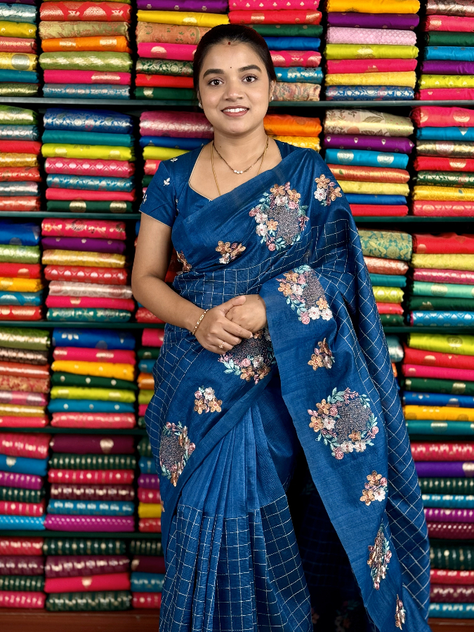 Crushed Tussar Zari Embroidery PeacockBlue Saree