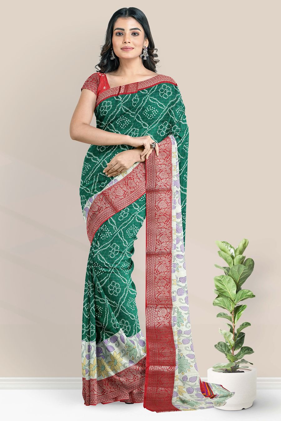 Soft Silk Bandhini Printed Green And Maroon Red Saree
