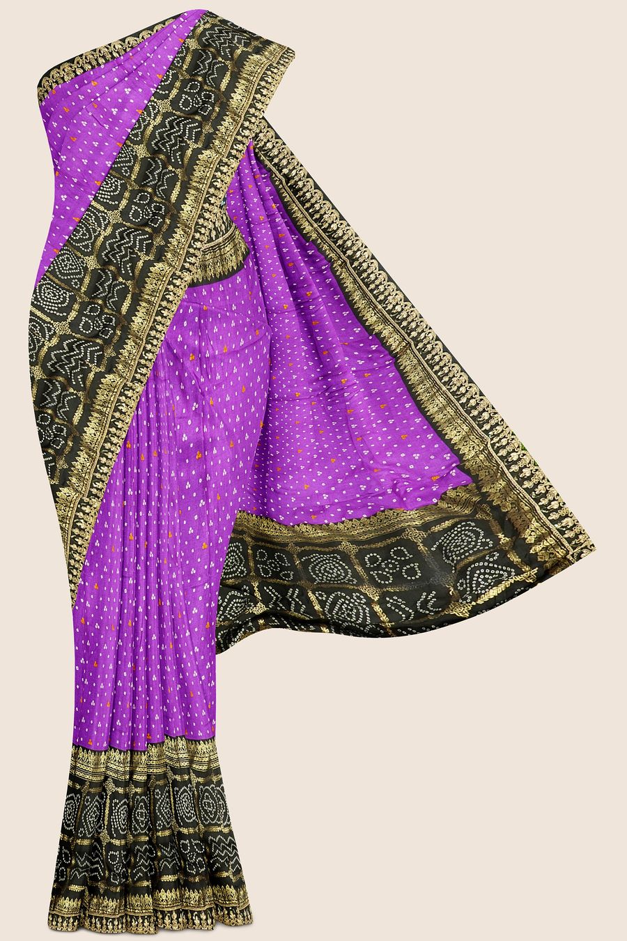 Patola Silk Bandhini Print Brinjal And Black Saree